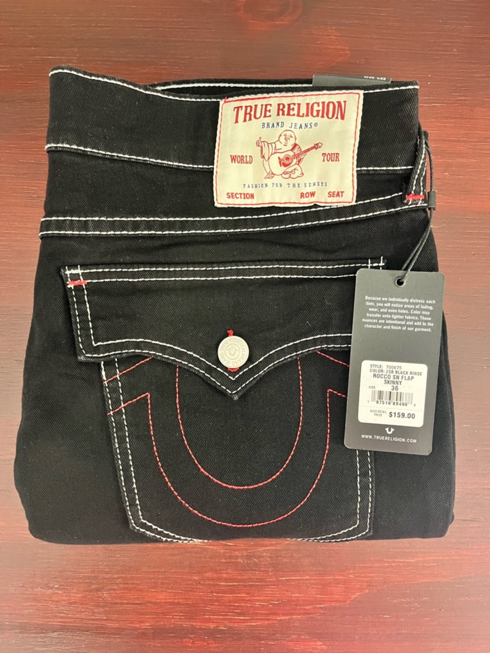 TRUE RELIGION Rocco Relax Skinny Stretch Black Rinse Jeans NWT 36x32 $159